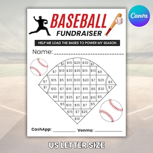 May include: Baseball fundraiser flyer with a baseball diamond grid for donations. The flyer includes the text "BASEBALL FUNDRAISER" in red, a baseball player silhouette, and a baseball bat. It also has spaces for "Name", "CashApp", and "Venmo".