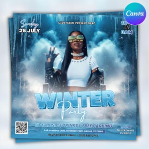 May include: A promotional flyer for a winter party. The flyer features a woman wearing sunglasses and a white top. The words "Winter Party" are prominently displayed in blue, with additional text indicating the date, time, and location of the event.