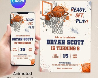 Invito di compleanno a tema basket, invito di compleanno modificabile per festa sportiva, tema sportivo, festa di compleanno per bambini, inviti stampabili a tema basket