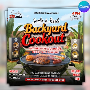 Backyard Cookout Flyer,  BBQ Flyer, Summer Cookout Flyer, DIY Canva Editable Design Template, Food Flyer, Social Media Flyer, Party Flyer