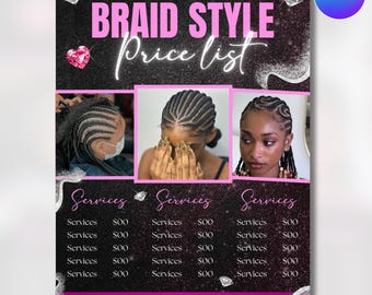 Braids Pricelist, Hair Styles Braiding Price Guide, DIY Flyer Template Design, Beauty Salon Price Sheet, Premade Lash hair Nails Price List