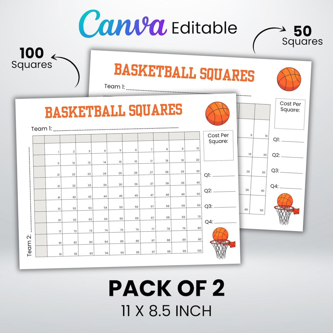 Basketball Squares Printable, 100 Square Grid for the Big Game Party ...