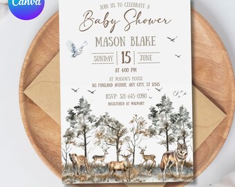 Woodland Babypartyeinladung, bearbeitbare Waldtiere-Vorlage, Adventure Awaits Woodland Babyparty willkommen, Waldgarten Wald