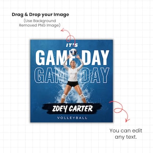 May include: A volleyball-themed graphic with a blue background features the text "IT'S GAME DAY" and "ZOEY CARTER VOLLEYBALL". A volleyball player is shown in action, with a volleyball in the air.