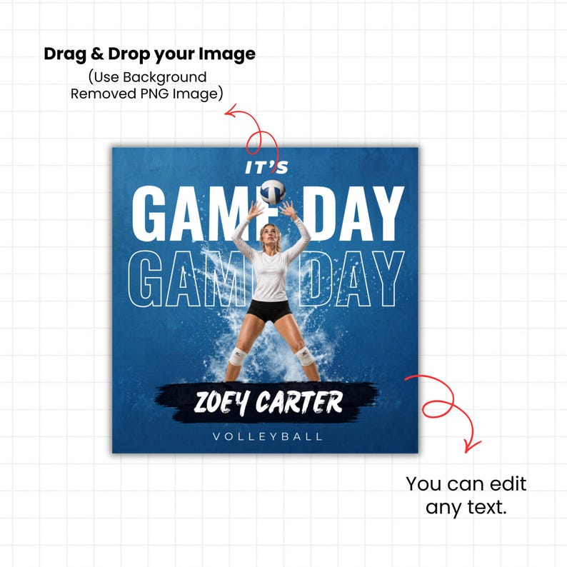 May include: A volleyball-themed graphic with a blue background features the text "IT'S GAME DAY" and "ZOEY CARTER VOLLEYBALL". A volleyball player is shown in action, with a volleyball in the air.