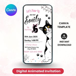 Cat Birthday Invitation, Cat Theme Birthday Invitation, Cat Face Birthday Invitation, Kitten Birthday Invitation Digital Editable Invitation