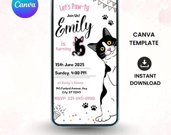 Cat Birthday Invitation, Cat Theme Birthday Invitation, Cat Face Birthday Invitation, Kitten Birthday Invitation Digital Editable Invitation