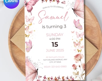 Butterfly Invitation, Butterfly Birthday Invitation, Editable Butterfly Theme Invitation, Pink Butterfly Party EDITABLE, Instant Download