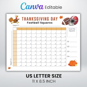 May include: A Thanksgiving Day football squares game sheet on an 11 by 8.5 inch US letter size page. The grid features a turkey, a football, a helmet, and a roasted turkey graphic. It includes spaces for Team 1, Team 2, cost per square, and Q1-Q4.