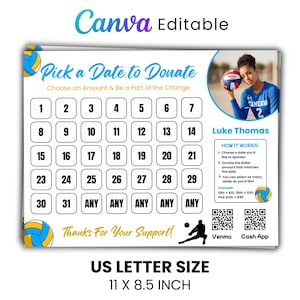 Volleyball Fundraiser Calendar Template, Pick a date to donate, Fill My Volleyball Fundraiser, Editable Canva Template, Instant download