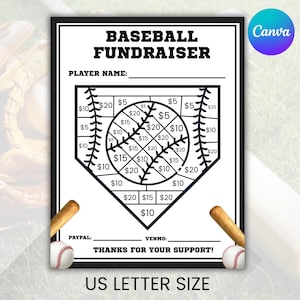 Puede incluir: Hoja de recaudación de fondos de béisbol en blanco y negro con un diseño de diamante de béisbol. La hoja incluye el texto "BASEBALL FUNDRAISER", "PLAYER NAME" y "THANKS FOR YOUR SUPPORT!" con un tamaño US Letter.