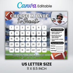 Szablon kalendarza zbiórki funduszy na rzecz piłki nożnej, wybierz datę darowizny, formularz zbiórki funduszy na rzecz piłki nożnej, edytowalny kalendarz darowizn sportowych dla drużyn
