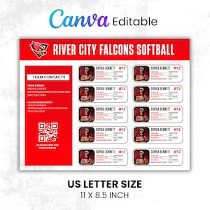 May include: A red and white Canva editable River City Falcons Softball team contact sheet measuring 11 by 8.5 inches. It features a team logo, contact information, a QR code, and ten identical player profile cards for Sophia Bennett, number 12.