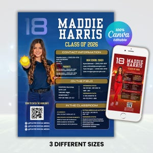 Puede incluir: Una plantilla digital de perfil de jugadora de sóftbol con el nombre Maddie Harris, clase de 2026, con secciones para información de contacto, estadísticas en el campo y logros académicos, un código QR y un teléfono inteligente con el diseño.