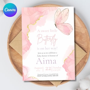 Butterfly Baby Shower Invitation, Pink Butterfly Invitation Template, Butterflies and Flowers Pink, Canva Editable Baby Shower Invitation