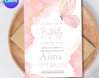 Butterfly Baby Shower Invitation, Pink Butterfly Invitation Template, Butterflies and Flowers Pink, Canva Editable Baby Shower Invitation