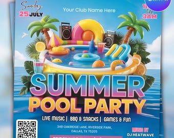 Summer Party Flyer, Summer Break Party Flyer, DIY Flyer Template Design, Pool Party Invite Flyer,  Summer Event Flyer, Canva Instagram Post