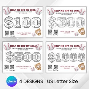 Könnte beinhalten: Vier Designs von Baseball-Spenden-Charts. Jedes Chart zeigt einen Baseball, einen Handschuh und einen Abschnitt zur Verfolgung von Spenden. Der Text enthält "Help Me Hit My Goal!" und "Choose an amount & be a part of the change."