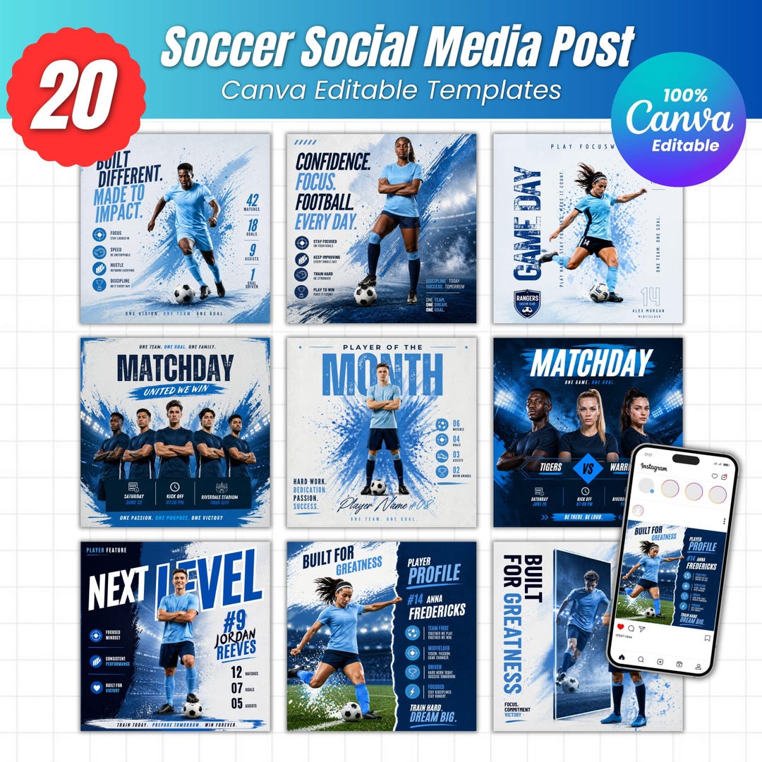 Soccer Canva Templates Bundle, 20 Editable Sports Social Media Posts ...