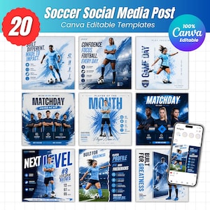 Op de afbeelding: Een verzameling van 9 sociale mediatemplates met voetbalthema's in blauw en wit. Elk ontwerp bevat voetballers, ballen en tekst zoals "Matchday" en "Player of the Month". De templates zijn Canva bewerkbaar.