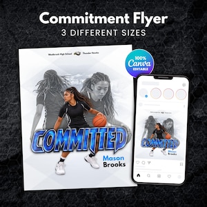 May include: A digital commitment flyer template for Westbrook High School Thunder Hawks featuring a basketball player in a black uniform holding a basketball. The text reads Committed, Mason Brooks, and 100% Canva Editable. A smartphone displays the same design.
