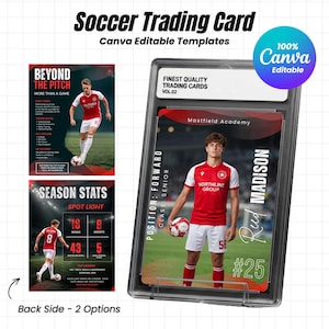 Modello di figurina di calcio in Canva, design stampabile per carte sportive per giocatori, squadre e allenatori, modificabile.