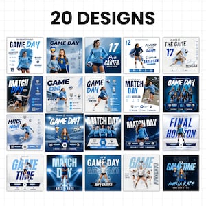 May include: A collection of 20 volleyball-themed designs. Each design features a player or team, with text such as "Game Day," "Match Day," and player names. The designs use a blue and white color scheme.