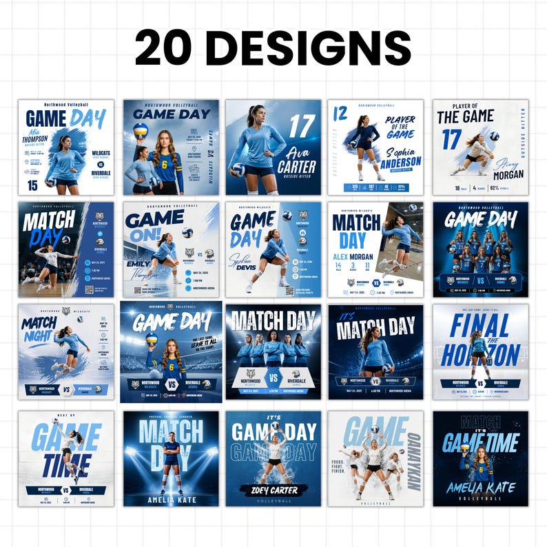 May include: A collection of 20 volleyball-themed designs. Each design features a player or team, with text such as "Game Day," "Match Day," and player names. The designs use a blue and white color scheme.