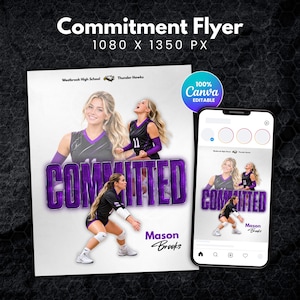 Könnte beinhalten: Eine digitale Commitment-Flyervorlage mit drei Bildern eines Volleyballspielers im schwarz-violetten Trikot. Der Text lautet Committed, Westbrook High School, Thunder Hawks und Mason Brooks. Ein Smartphone zeigt das gleiche Design.