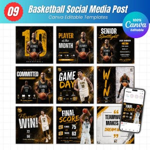 May include: A collection of nine basketball-themed social media post templates. Each template features a player in action, team logos, and text such as "Player of the Month," "Game Day," and "Final Score." The templates are designed for Canva and are editable.
