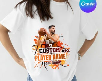 Diseño de jugador de baloncesto en PDF, camisetas de equipo, camisetas deportivas, nombre y número personalizados del jugador, diseño editable en Canva