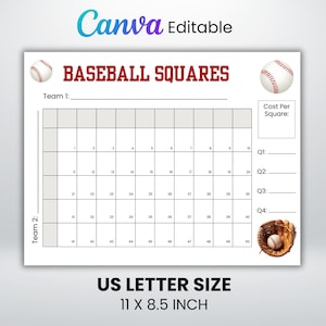 Könnte beinhalten: Ein weißes Baseball-Quadrat-Spielbrett mit dem Text "BASEBALL SQUARES" in Rot. Das Brett enthält ein Raster mit Zahlen, Platz für Teamnamen und einen Abschnitt für die Kosten pro Quadrat. Die Größe beträgt 27,9 x 21,6 cm.