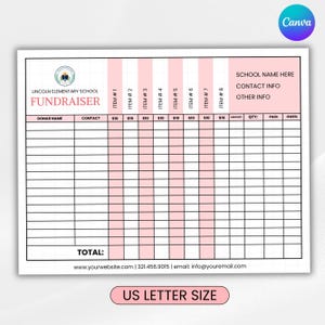 May include: A printable fundraiser form for Lincoln Elementary School. The form includes sections for item numbers, donor information, and contact details. The form is designed in a grid format with pink and white color scheme and is US Letter size.