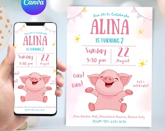 Pig Birthday Invitation Template, Custom Kids Party Invite, Instant Download, Printable Digital PDF for Celebration