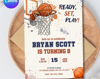 May include: Basketball-themed birthday invitation with a basketball hoop and ball illustration. Text includes "Ready, Set, Play!" and details for Bryan Scott's 8th birthday: date, time, and RSVP information.