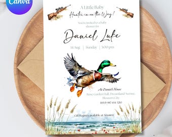 Duck Hunting Baby Shower Invitation, A Little Hunter, Editable Baby Shower Invite, Hunter Clothes Baby Shower Invitation, Canva Editable