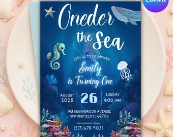 Neon Oneder the Sea födelsedagsinbjudan utskrivbar, redigerbar mall för under havet, 1-årsdag, inbjudan till flickor med havsdjur under havet