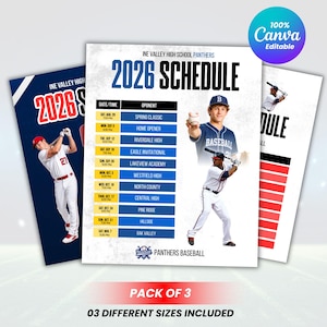 May include: A pack of three 2026 Pine Valley High School Panthers baseball schedule templates. The designs feature blue and white color schemes, baseball player graphics, and a table listing dates, times, and opponents. Includes 100% Canva editable text.