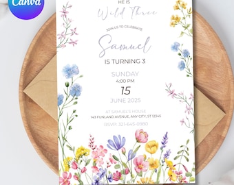 Wildflower Birthday Invitation, Garden Party Invite, Girl Birthday Pink Wild Flower Invite, Floral Spring Flowers, Canva Editable Invite