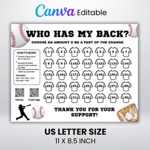 Baseball Fundraiser Calendar, who has my back fundraiser, Pick a Date To Donate, Baseball Calendar Fundraiser Template, Cash Calendar