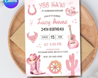 Invito di compleanno per cowgirl rosa: invito modificabile per festa in discoteca (modello PDF)