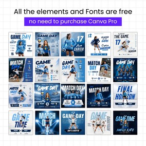 May include: A collection of volleyball game day posters in shades of blue and white. Each poster features player names, team logos, and the text "GAME DAY" or "MATCH DAY". The text "All the elements and Fonts are free, no need to purchase Canva Pro" is also visible.