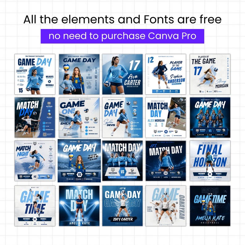 May include: A collection of volleyball game day posters in shades of blue and white. Each poster features player names, team logos, and the text "GAME DAY" or "MATCH DAY". The text "All the elements and Fonts are free, no need to purchase Canva Pro" is also visible.