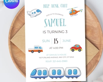 Transportation Birthday Invitation, Transport Train, Truck Birthday Invitation, Cars Birthday Invite, Truck and Cars Birthday, Editable