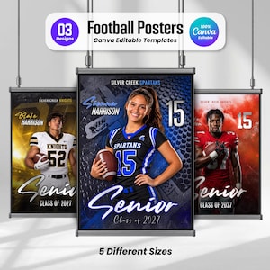 May include: Three digital football poster templates featuring customizable athlete portraits, team names like Silver Creek Spartans and Knights, jersey numbers, and the text Senior Class of 2027. These Canva editable designs include 03 unique layouts.
