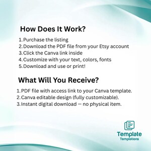 May include: A digital product image with the text "How Does It Work?" and "What Will You Receive?" The image details the steps to purchase, download, and customize a Canva template. The Template Templations logo is in the bottom right.