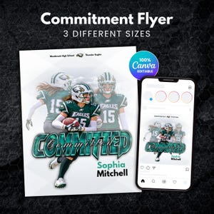 Może przedstawiać: Cyfrowy szablon ulotki z zawodnikiem futbolu amerykańskiego w zielono-białym stroju z napisem "COMMITTED" oraz "Sophia Mitchell". Projekt zawiera branding "Westbrook High School" i "Thunder Eagles", odznakę "100% Canva editable" oraz makietę smartfona z tą samą grafiką.