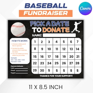 Baseball Fundraiser Calendar Template | Pick a Date to Donate Printable | Youth Baseball Team Donation Tracker | Canva Fundraising Form