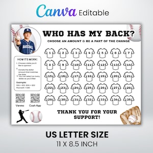 Baseball Fundraiser Template, Who Has My Back Poster, Team Sponsorship Chart, Sports Fundraiser Sheet, Baseball Donation Board