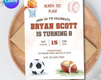 Sports Birthday Invitation, Ball Sports Birthday Party Invitation, Baseball Basketball Football Printable Sports Theme Invitation Template